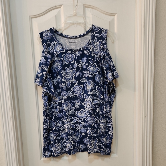 Woman Within Tops - Floral Cold Shoulder Top - Blue and White